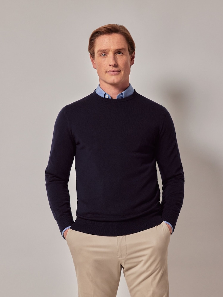 Hawes & Curtis Blue Crew Neck Merino Jumper - Image 1 of 3