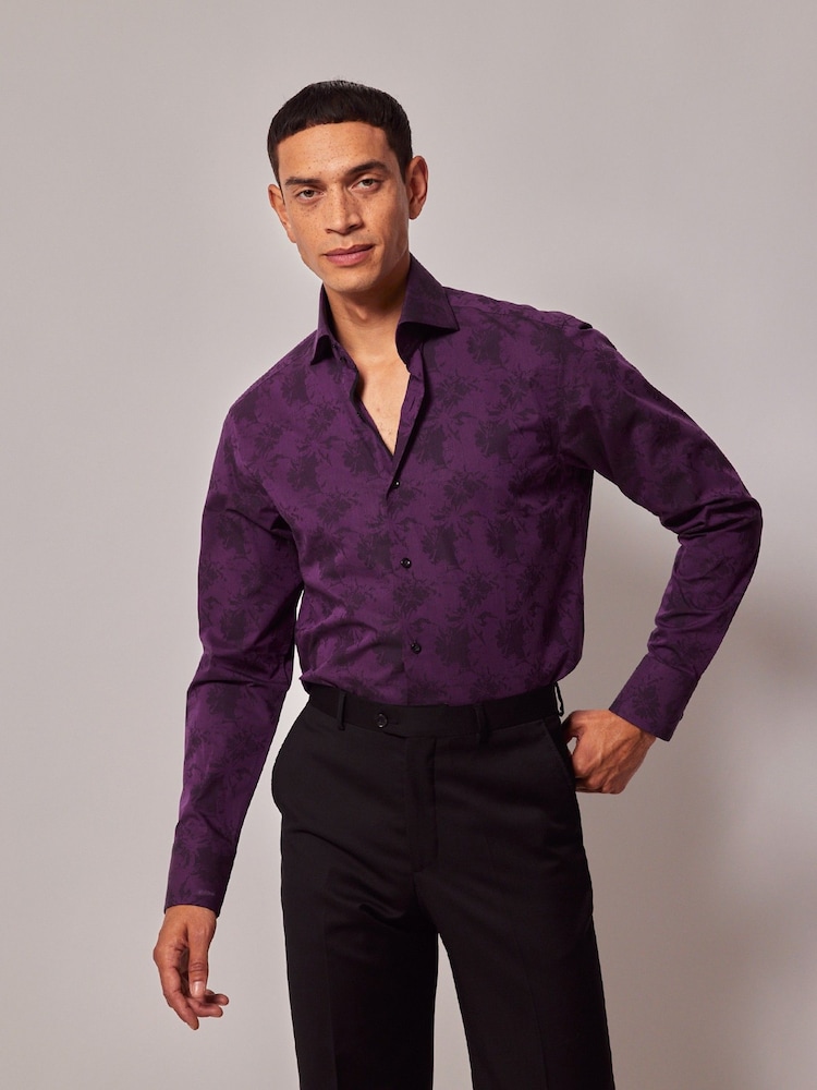 Hawes & Curtis Purple High Collar Woven Jacquard Flower 100% Cotton Shirt - Image 1 of 4