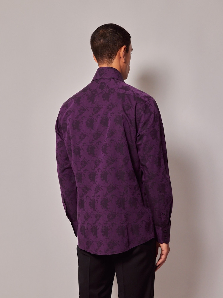 Hawes & Curtis Purple High Collar Woven Jacquard Flower 100% Cotton Shirt - Image 2 of 4