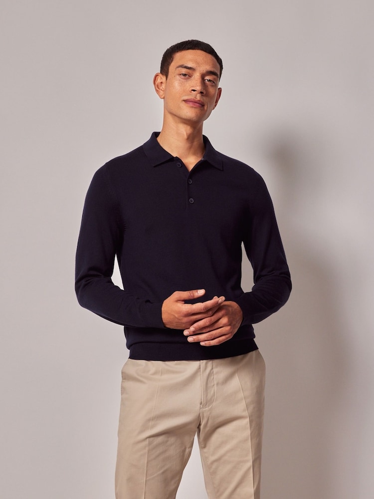 Hawes & Curtis Blue Merino Polo Jumper - Image 1 of 3