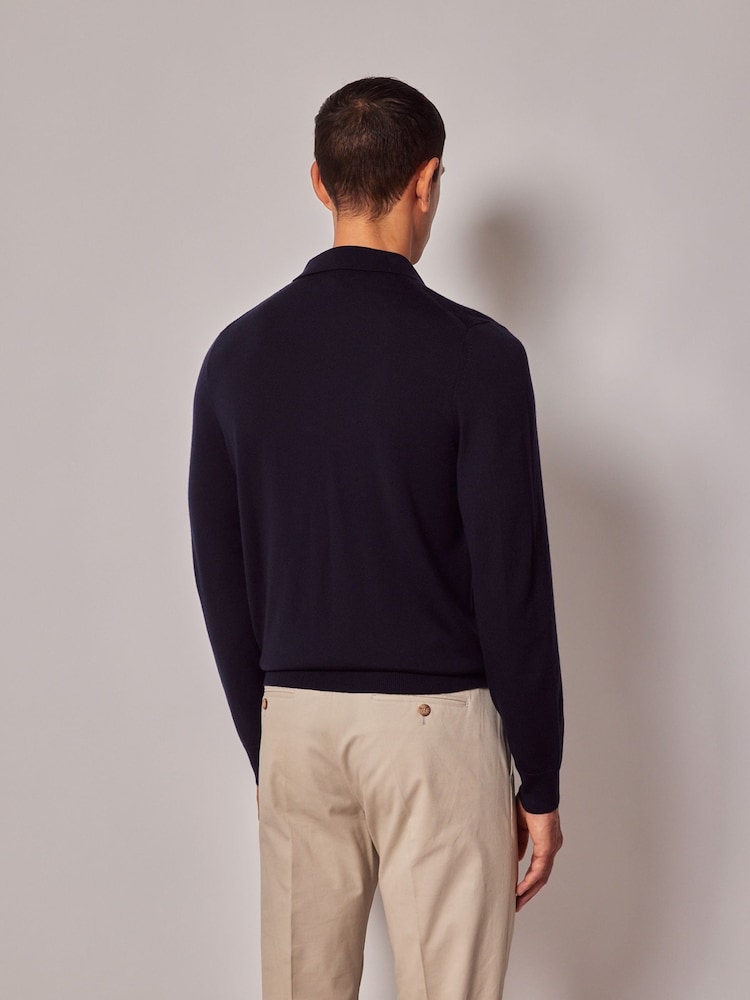 Hawes & Curtis Blue Merino Polo Jumper - Image 2 of 3
