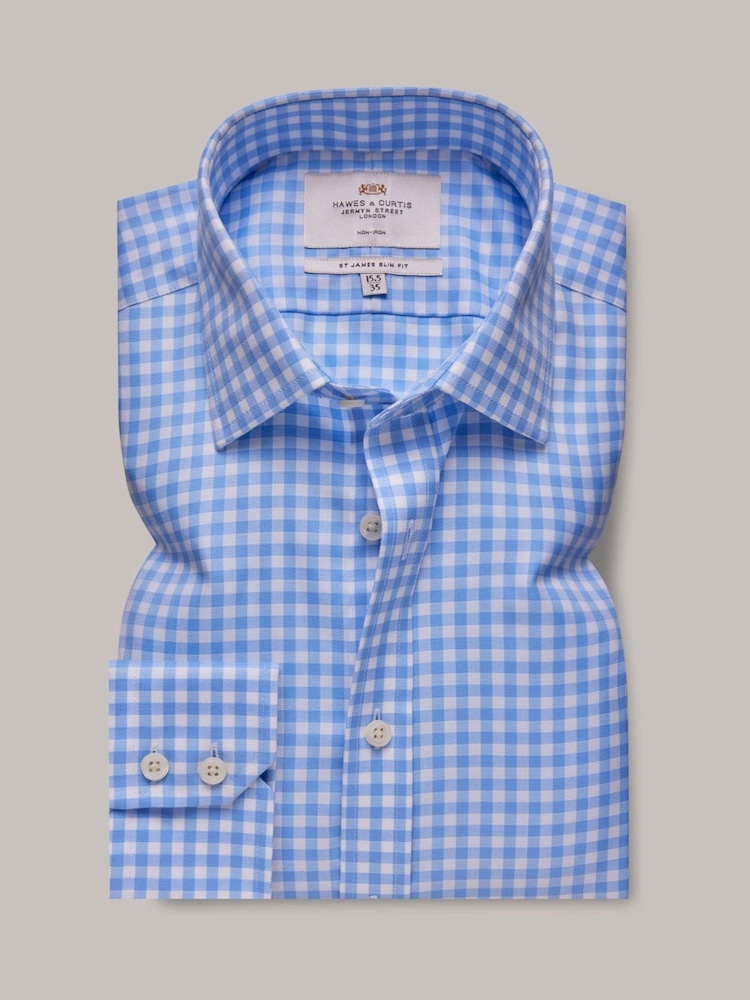 Hawes & Curtis Slim Blue Non-Iron Gingham Check 100% Cotton Shirt - Image 1 of 3 Hawes & Curtis Slim Blue Non-Iron Gingham Check 100% Cotton Shirt - Image 1 of 3