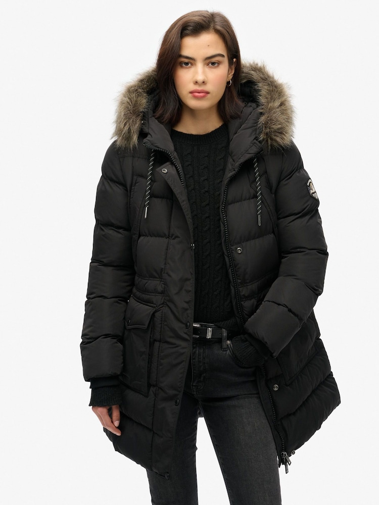 Superdry Black Everest Mid Faux Fur Puffer Jacket - Image 1 of 4