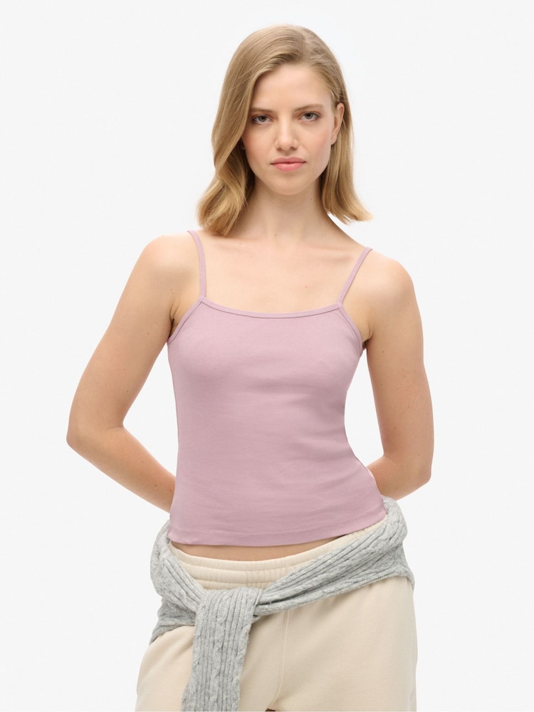 Superdry Pink Fine Rib Cami 100% Cotton Vest Top - Image 1 of 3