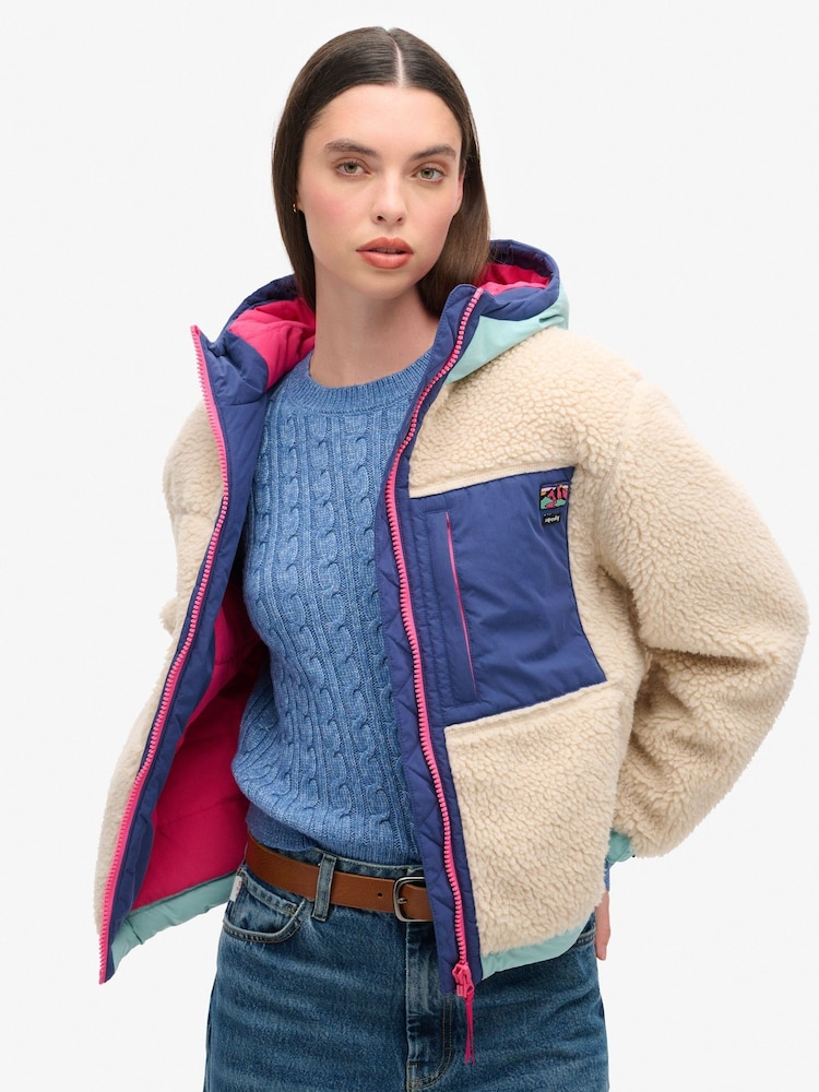 Superdry Cream Vintage Hooded Sherpa Jacket - Image 1 of 3