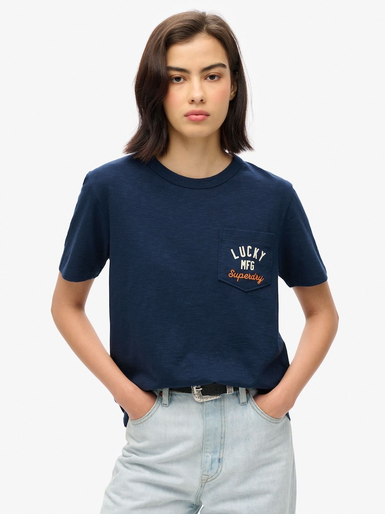 Superdry Blue Workwear Embroider Pocket 100% Cotton T-Shirt - Image 1 of 3