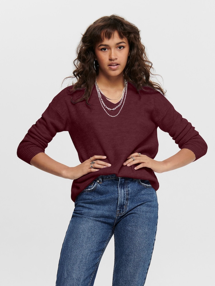 ONLY Burgundy V-Neck Jumper - Image 1 of 5