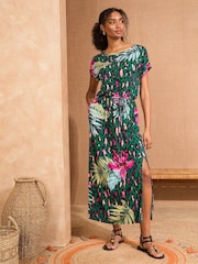 Love & Roses Green Animal Tropical Belted Jersey Midi Dress - Image 1 of 4