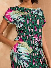 Love & Roses Green Animal Tropical Belted Jersey Midi Dress - Image 4 of 4
