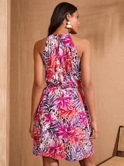 Love & Roses Pink Tropical Print Halter Neck Jersey Mini Dress - Image 2 of 4