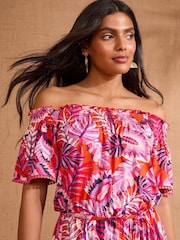 Love & Roses Orange Tropical Print Bardot Jersey Mini Dress - Image 2 of 4