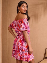 Love & Roses Orange Tropical Print Bardot Jersey Mini Dress - Image 4 of 4