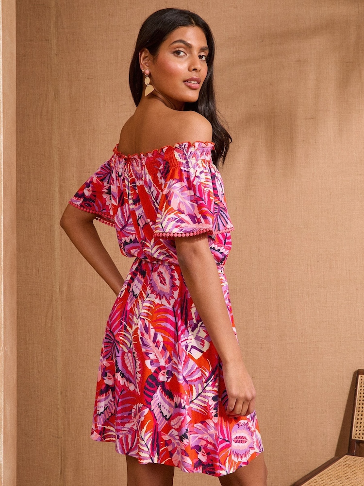 Love & Roses Orange Tropical Print Bardot Jersey Mini Dress - Image 4 of 4