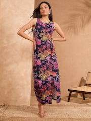 Love & Roses Navy Ombre Palm Tie Side Jersey Midi Dress - Image 3 of 4