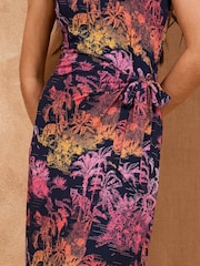 Love & Roses Navy Ombre Palm Tie Side Jersey Midi Dress - Image 4 of 4