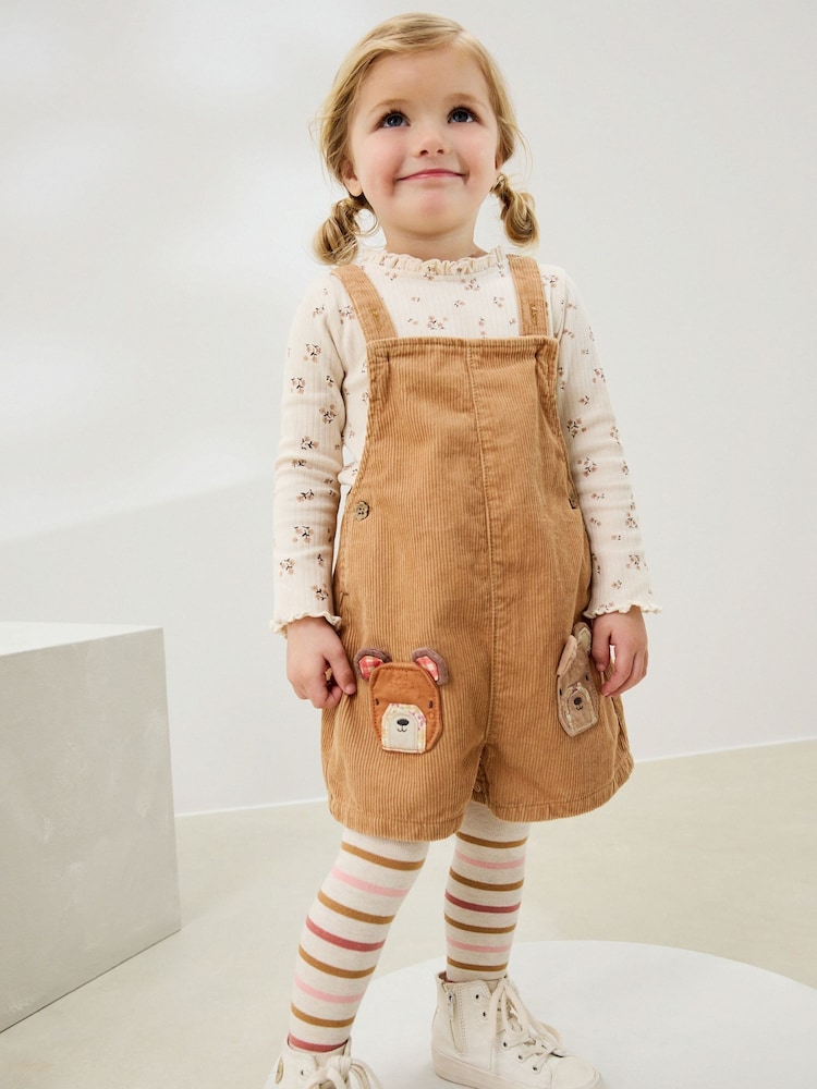 Tan Brown Corduroy Bear Print Dungarees Set (3mths-7yrs) - Image 1 of 4