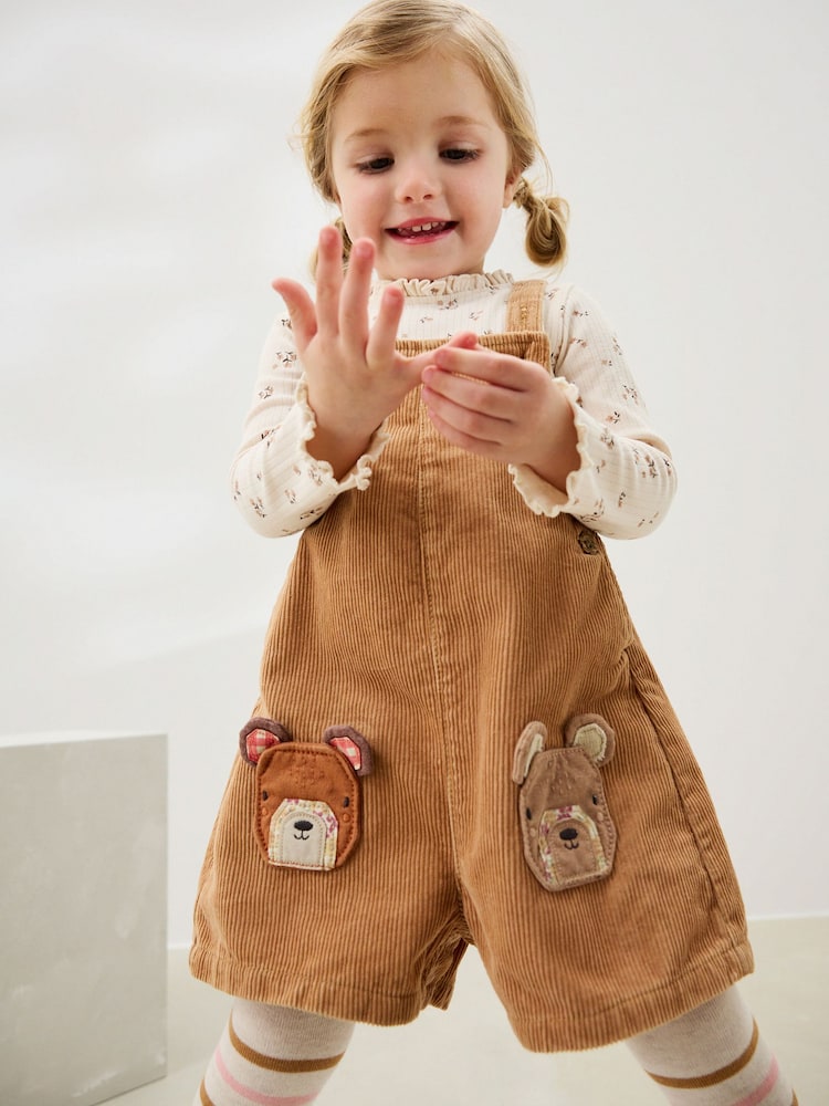 Tan Brown Corduroy Bear Print Dungarees Set (3mths-7yrs) - Image 2 of 4