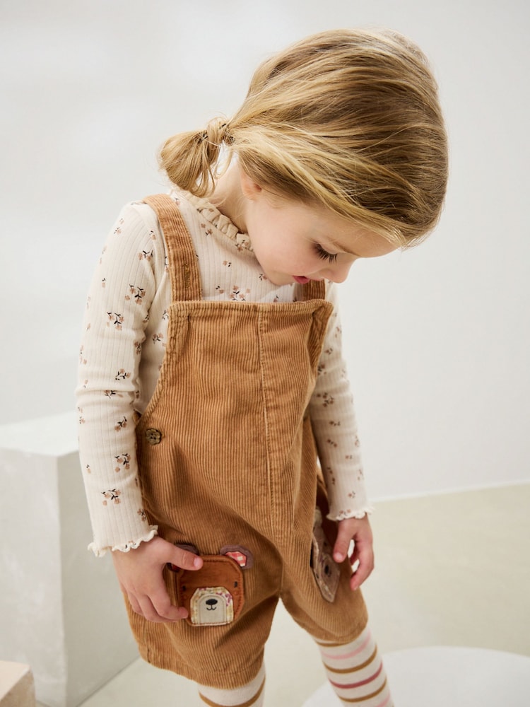Tan Brown Corduroy Bear Print Dungarees Set (3mths-7yrs) - Image 4 of 4