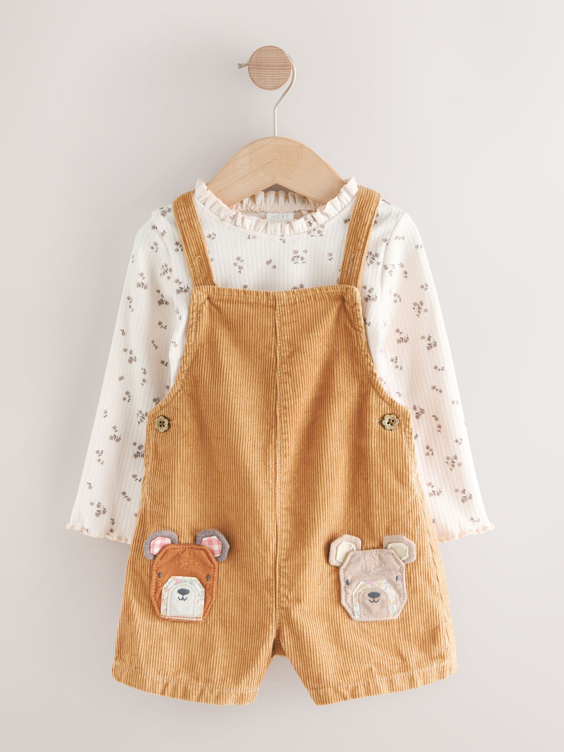 Buy Tan Brown Corduroy Bear Print Dungarees Set (3mths-7yrs) from