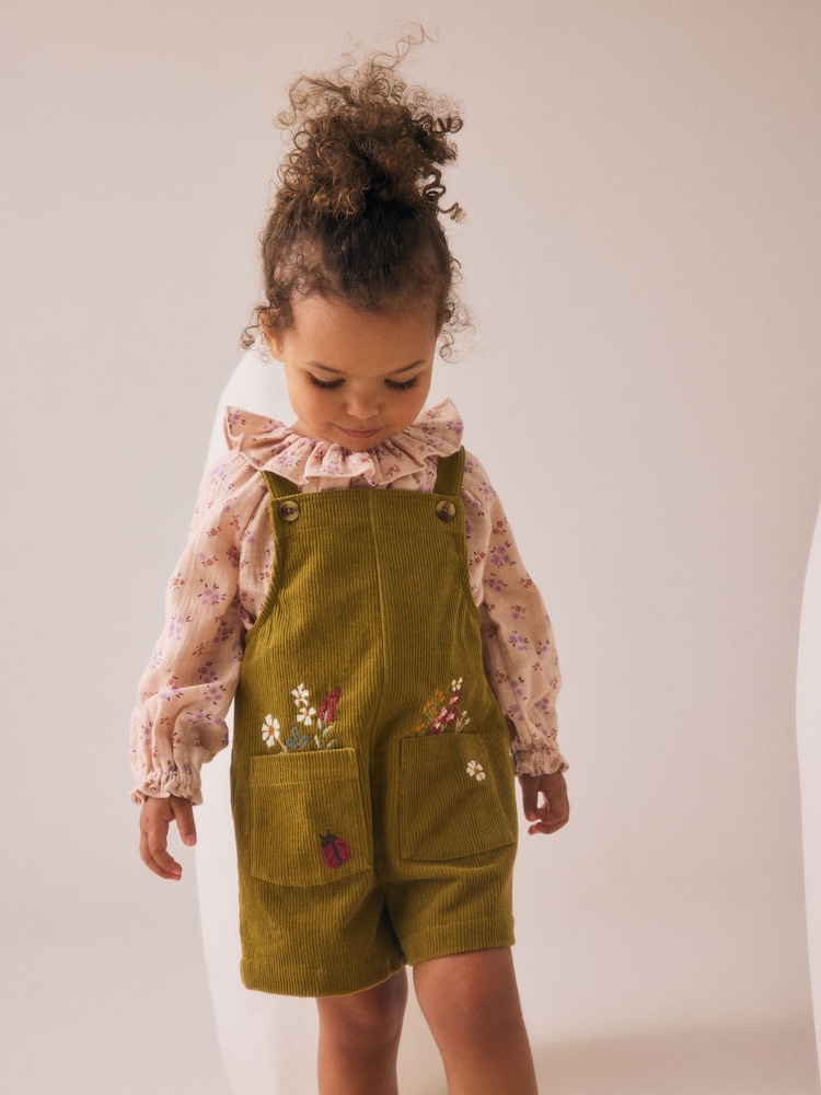 Green Floral Print Corduroy Dungarees Blouse and Tights Set (3mths-7yrs) - Image 1 of 4