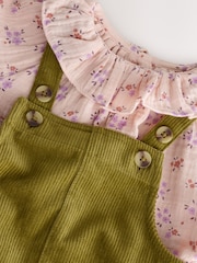 Green Floral Print Corduroy Dungarees Blouse and Tights Set (3mths-7yrs) - Image 11 of 13