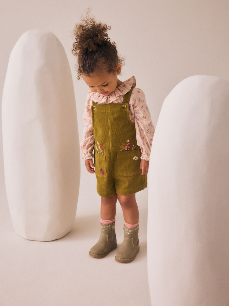 Green Floral Print Corduroy Dungarees Blouse and Tights Set (3mths-7yrs) - Image 2 of 4