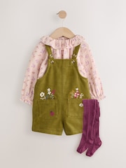 Green Floral Print Corduroy Dungarees Blouse and Tights Set (3mths-7yrs) - Image 5 of 13