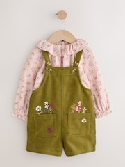 Green Floral Print Corduroy Dungarees Blouse and Tights Set (3mths-7yrs) - Image 6 of 13