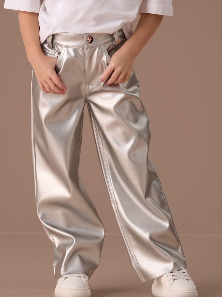 Angel & Rocket Silver Wide Leg Metallic Jeans - Image 1 of 5 Angel & Rocket Silver Wide Leg Metallic Jeans - Image 1 of 5