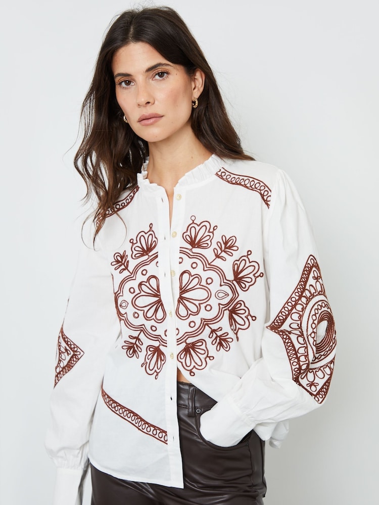 Another Sunday Cream Ruffle Collar Button Through 100% Cotton Blouse with Embroidery Details - Image 2 of 4 Another Sunday Cream Ruffle Collar Button Through 100% Cotton Blouse with Embroidery Details - Image 2 of 4