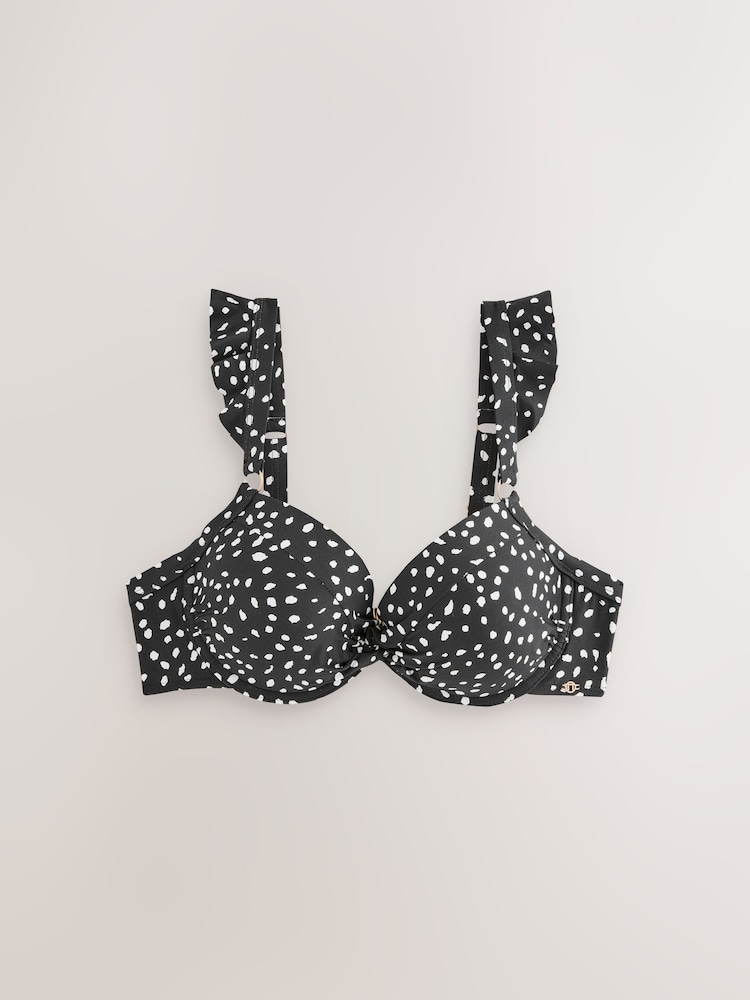 Black/White Spot Frill Strap Padded Wired Bikini Top - Image 1 of 3