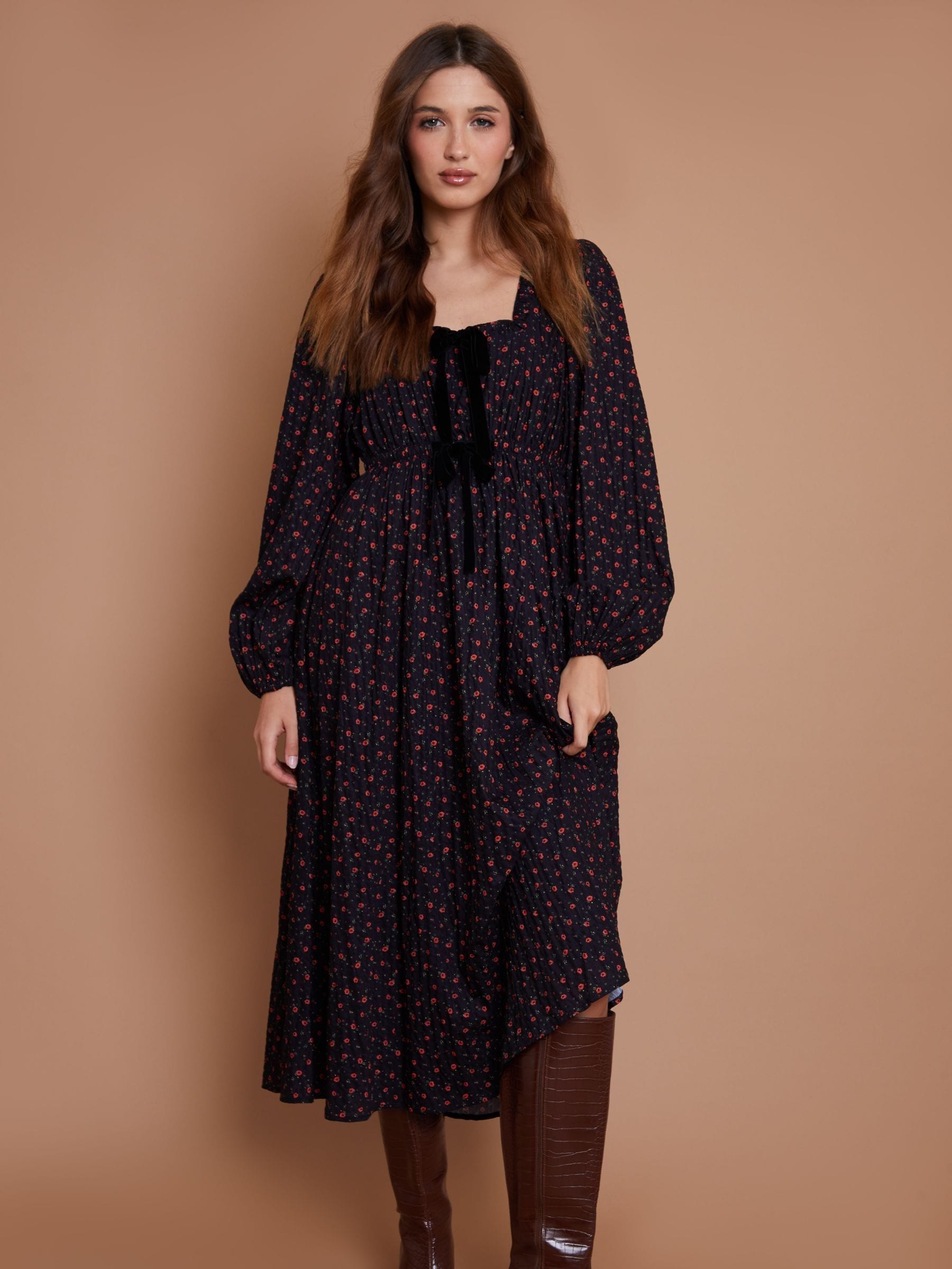 Buy Another Sunday Ditsy Print Long Sleeve Velvet Bow Detail Milkmaid 100 Cotton Black Midi Dress from the Next UK online shop