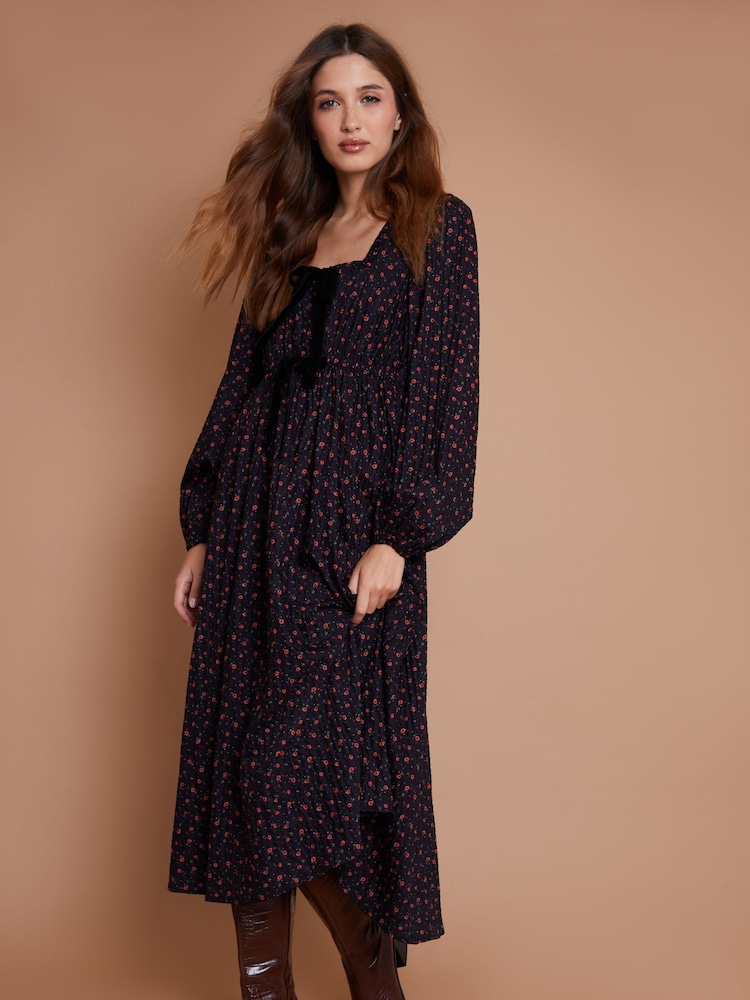 Another Sunday Ditsy Print Long Sleeve Velvet Bow Detail Milkmaid 100% Cotton Midi Dress - Изображение 2 из 3