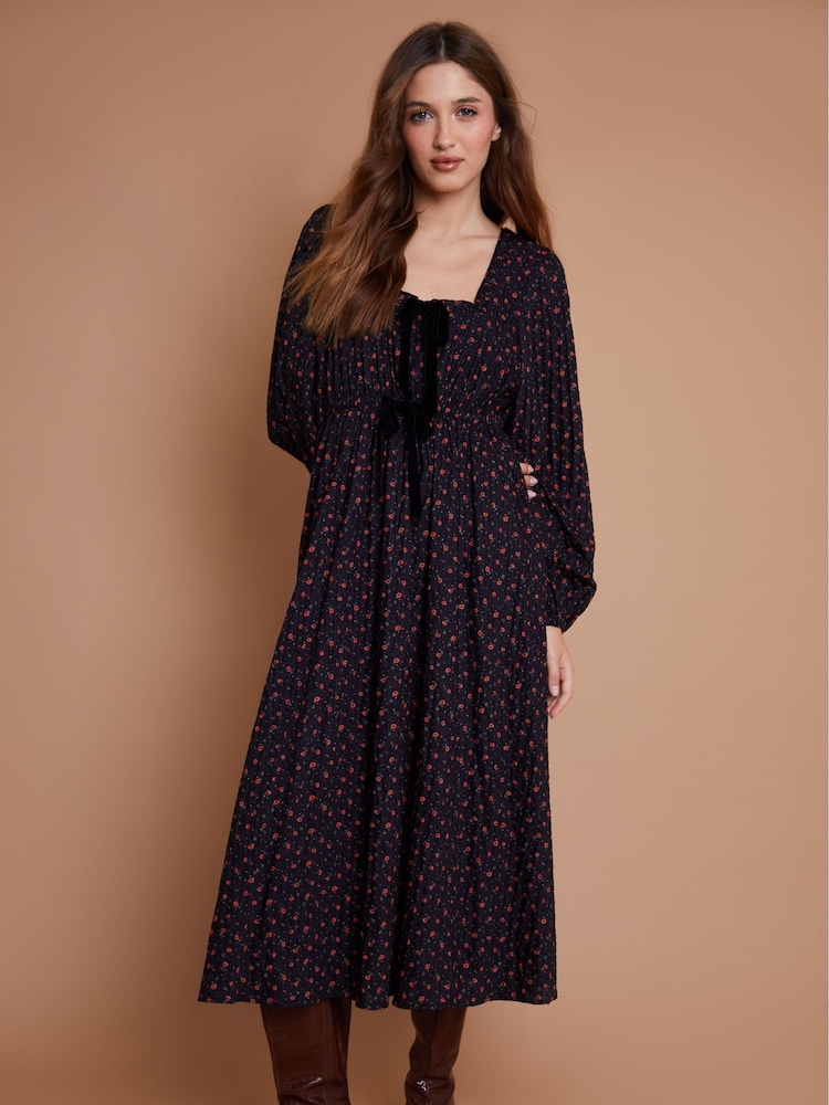Another Sunday Ditsy Print Long Sleeve Velvet Bow Detail Milkmaid 100% Cotton Midi Dress - Изображение 3 из 3