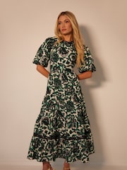 Another Sunday Green/White 100% Cotton Floral Print Poplin Short Puff Sleeve Tiered Smock Midi Dress - Image 1 of 4