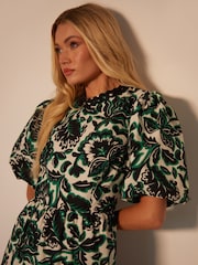 Another Sunday Green/White 100% Cotton Floral Print Poplin Short Puff Sleeve Tiered Smock Midi Dress - Image 4 of 4