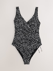Black/White Spot Ruched Side Tummy Shaping Control Swimsuit - Image 1 of 3