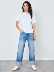 Another Sunday Blue Mid Wash Barrel Leg Roll Up Hem Denim Jeans - Image 1 of 4