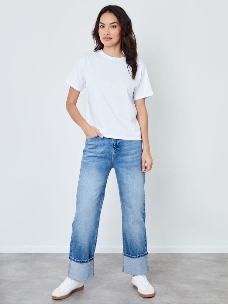 Another Sunday Blue Mid Wash Barrel Leg Roll Up Hem Denim Jeans - Image 1 of 4