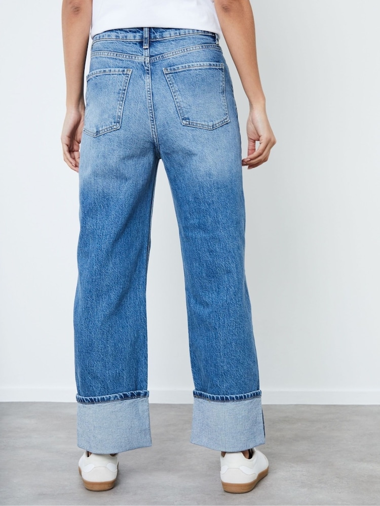 Another Sunday Blue Mid Wash Barrel Leg Roll Up Hem Denim Jeans - Image 2 of 4