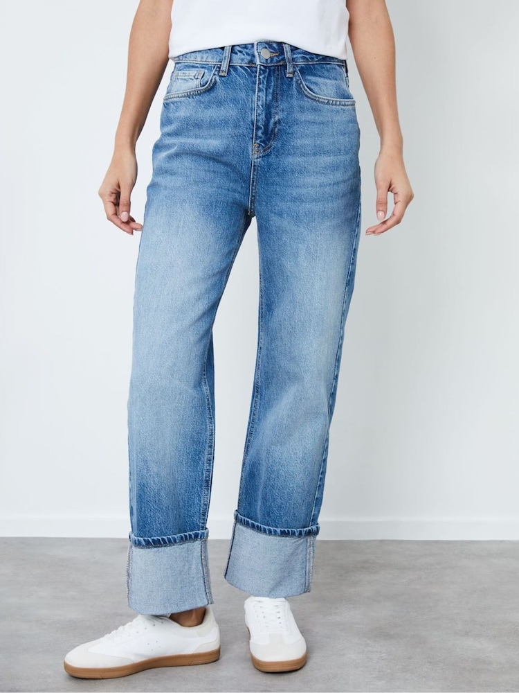 Another Sunday Blue Mid Wash Barrel Leg Roll Up Hem Denim Jeans - Image 3 of 4