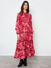 Another Sunday Red Floral Print Poplin Long Puff Sleeve Tiered Smock 100% Cotton Midi Dress - Image 1 of 4