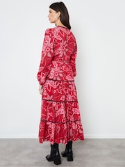 Another Sunday Red Floral Print Poplin Long Puff Sleeve Tiered Smock 100% Cotton Midi Dress - Image 2 of 4