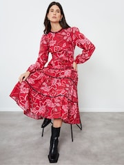 Another Sunday Red Floral Print Poplin Long Puff Sleeve Tiered Smock 100% Cotton Midi Dress - Image 3 of 4