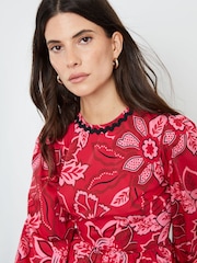 Another Sunday Red Floral Print Poplin Long Puff Sleeve Tiered Smock 100% Cotton Midi Dress - Image 4 of 4