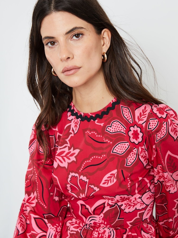 Another Sunday Red Floral Print Poplin Long Puff Sleeve Tiered Smock 100% Cotton Midi Dress - Image 4 of 4