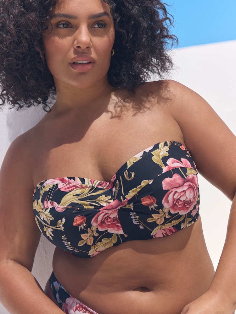 Black Floral F-K Twist Bandeau Wired Bikini Top - Image 1 of 9