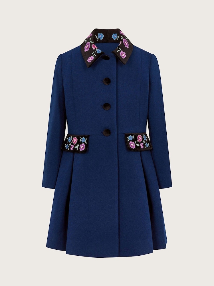 Monsoon Blue Floral Embroidered Dress Coat - Image 2 of 4 Monsoon Blue Floral Embroidered Dress Coat - Image 2 of 4