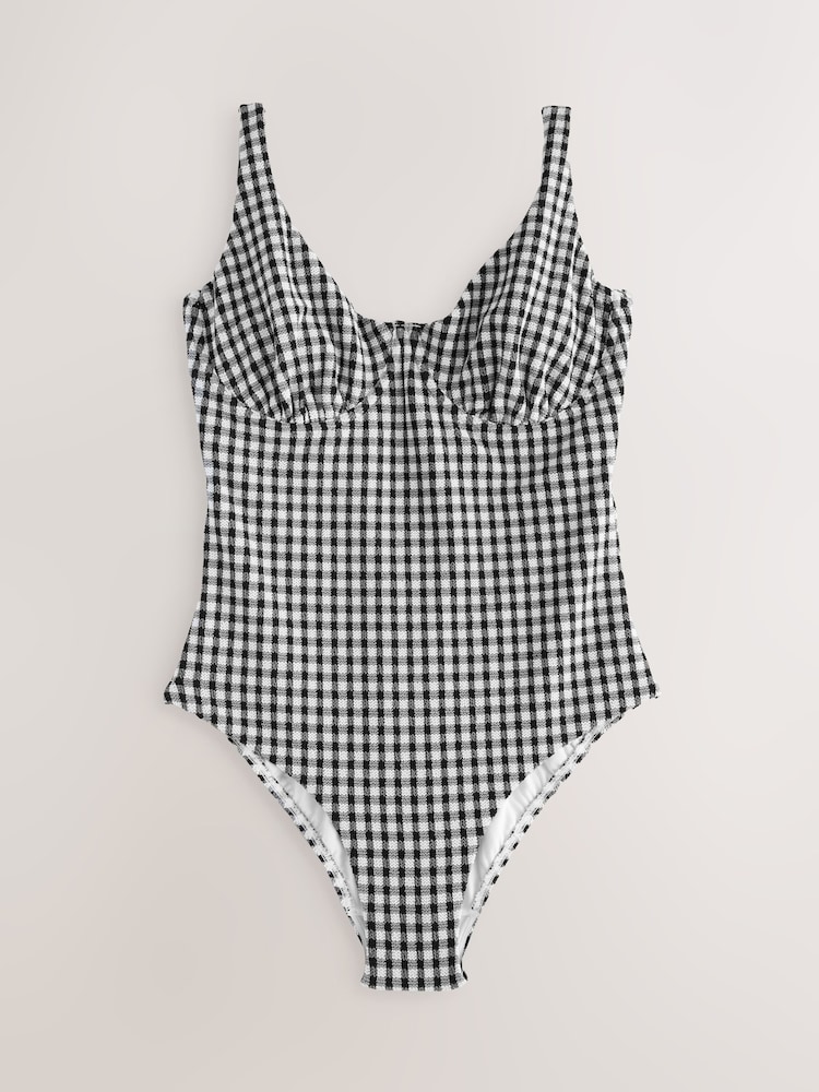 Black/White Crinkle Gingham Tummy Control DD+ Wired Swimsuit - Image 1 of 6