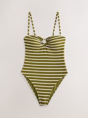 Olive Green/White Stripe Crinkle Bandeau Tummy Control Swimsuit - Image 1 of 4